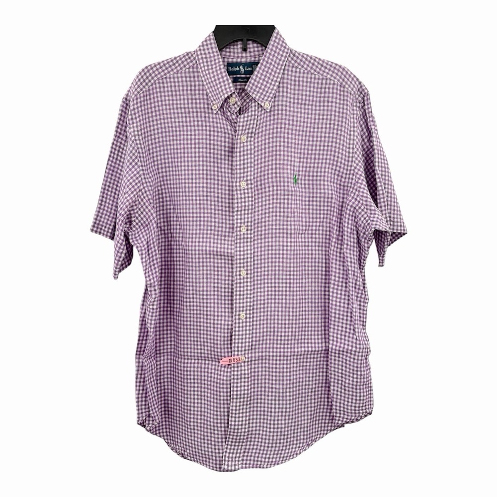 Polo Ralph Lauren Men L Purple White Gingham Plaid Button Front Classic Fit Pony